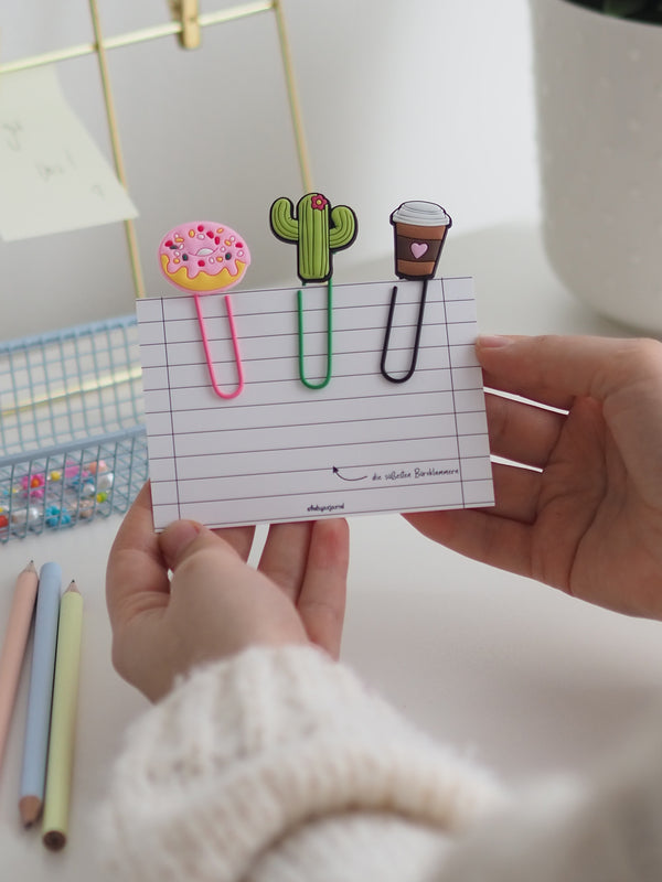 Büroklammer-Set Happy mit Donut, Kaktus und Kaffeebecher an Notizzettel