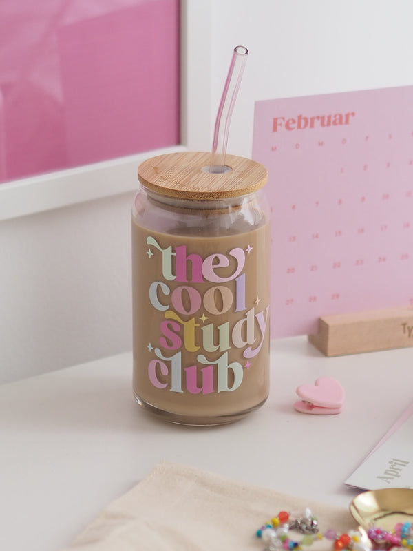 Glas the cool study club mit Bambusdeckel und Strohhalm