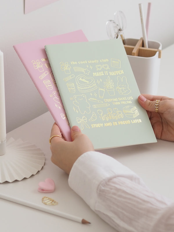 Hausaufgabenheft A5 in Rosa und Mint mit goldener Prägung