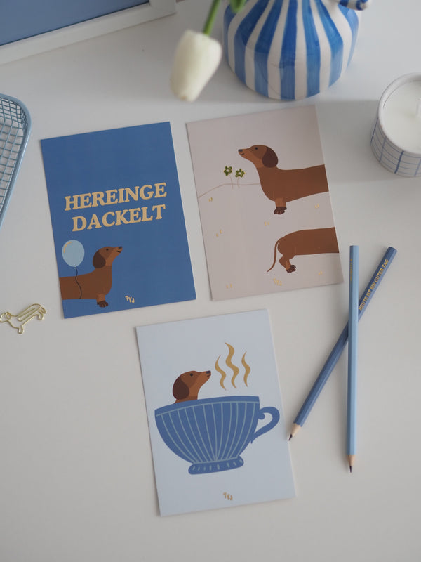 Postkarten-Set Dackel mit drei Karten, darunter Hereinge Dackelt