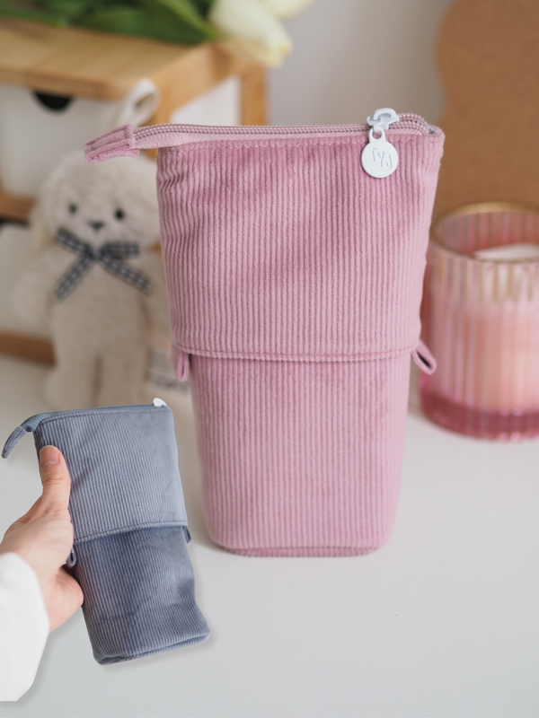 Federmäppchen classy zum Aufstellen aus Cord in Rosa und Blaugrau
